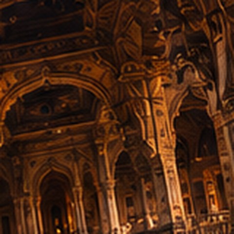 Carved arches inside a Jaipur hall, lit warm