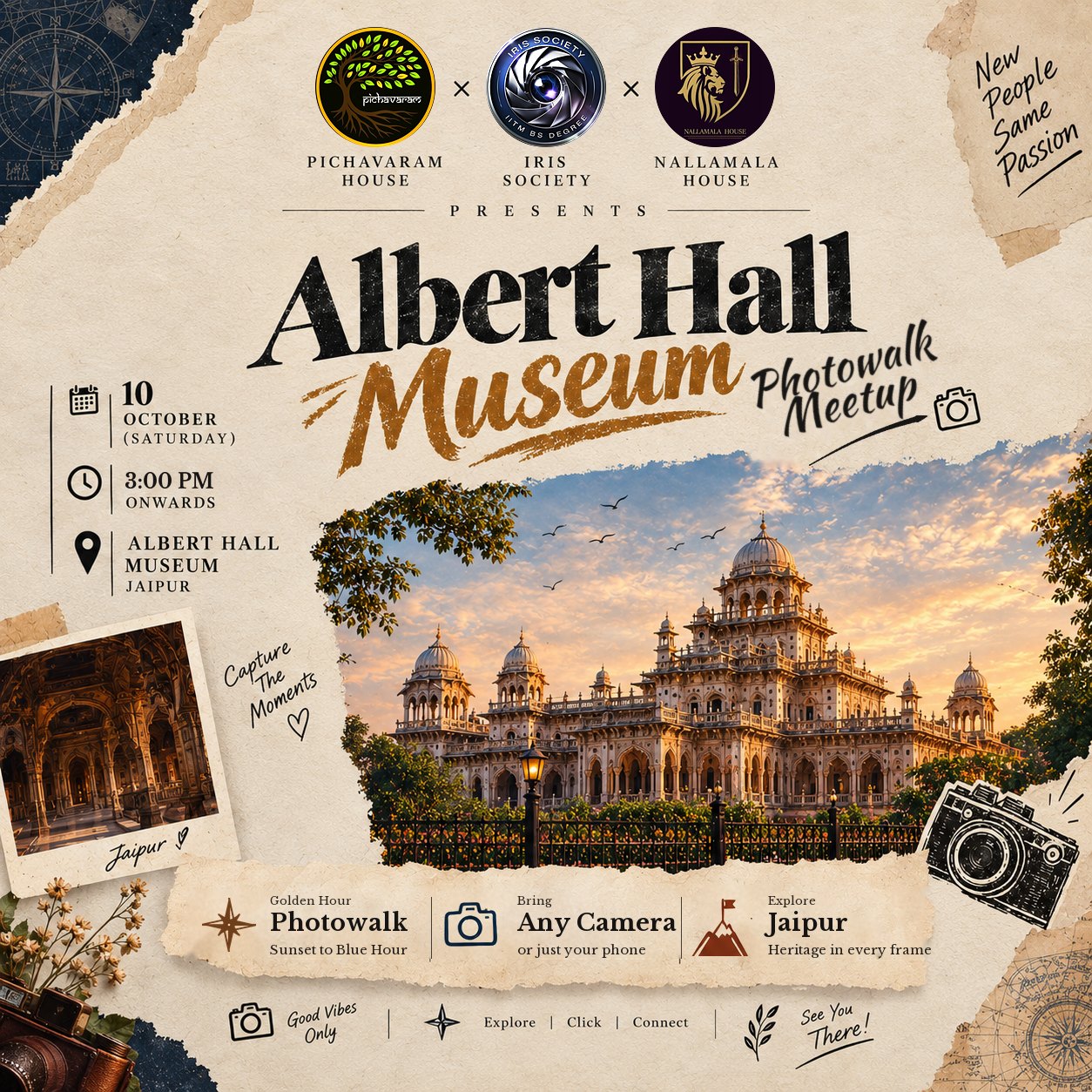 Event poster: Albert Hall Museum Photowalk Meetup by Pichavaram House, Iris Society and Nallamala House. 10 October, Saturday, 3:00 PM onwards, Jaipur. Golden hour to blue hour, bring any camera or just your phone.
